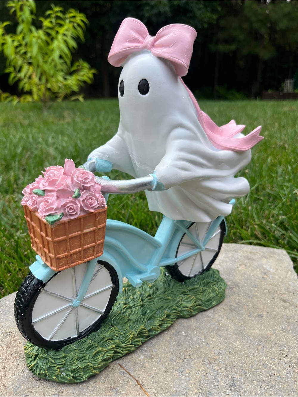 Pink-Bow Ghost on Blue Bicycle Figurine with Flower Basket